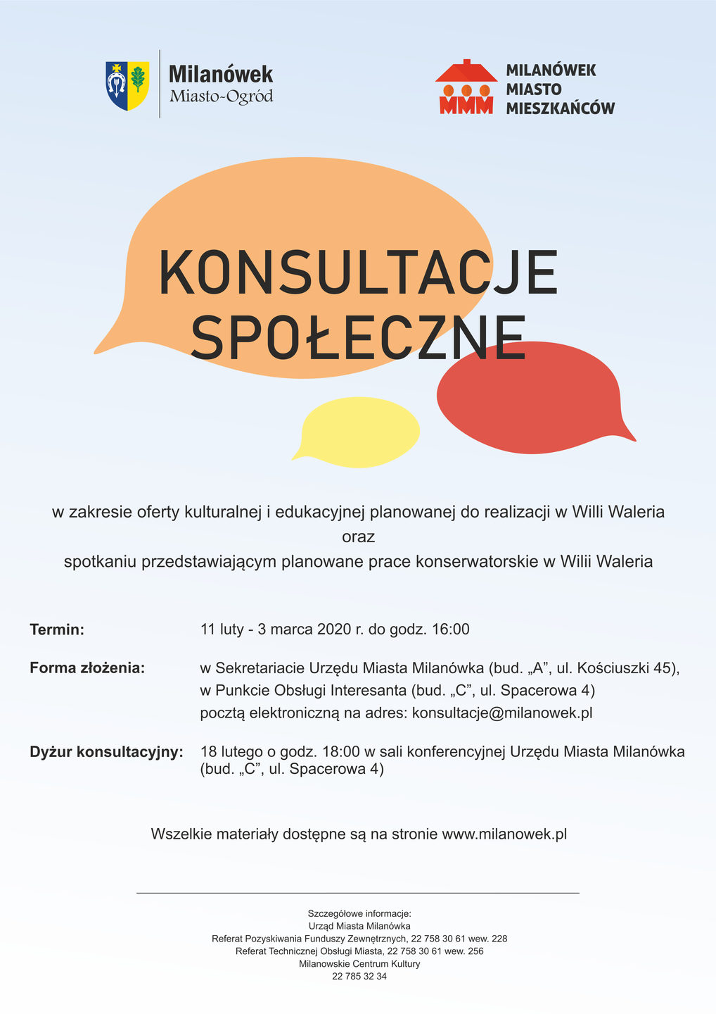 Plakat informujący o konsultacjach w zakresie oferty kulturalnej i edukacyjnej planowanej do realizacji w Willi Waleria