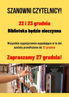Biblioteka nieczynna - 22-23 grudnia 2022 r. - grafika