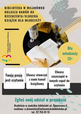 Biblioteka w Milanówku ogłasza nabór na recenzenta/vlogera książek dla młodzieży  - grafika