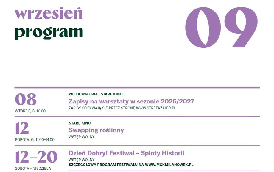 Wrześniowy harmonogram Milanowskiego Centrum Kultury – ilustracja