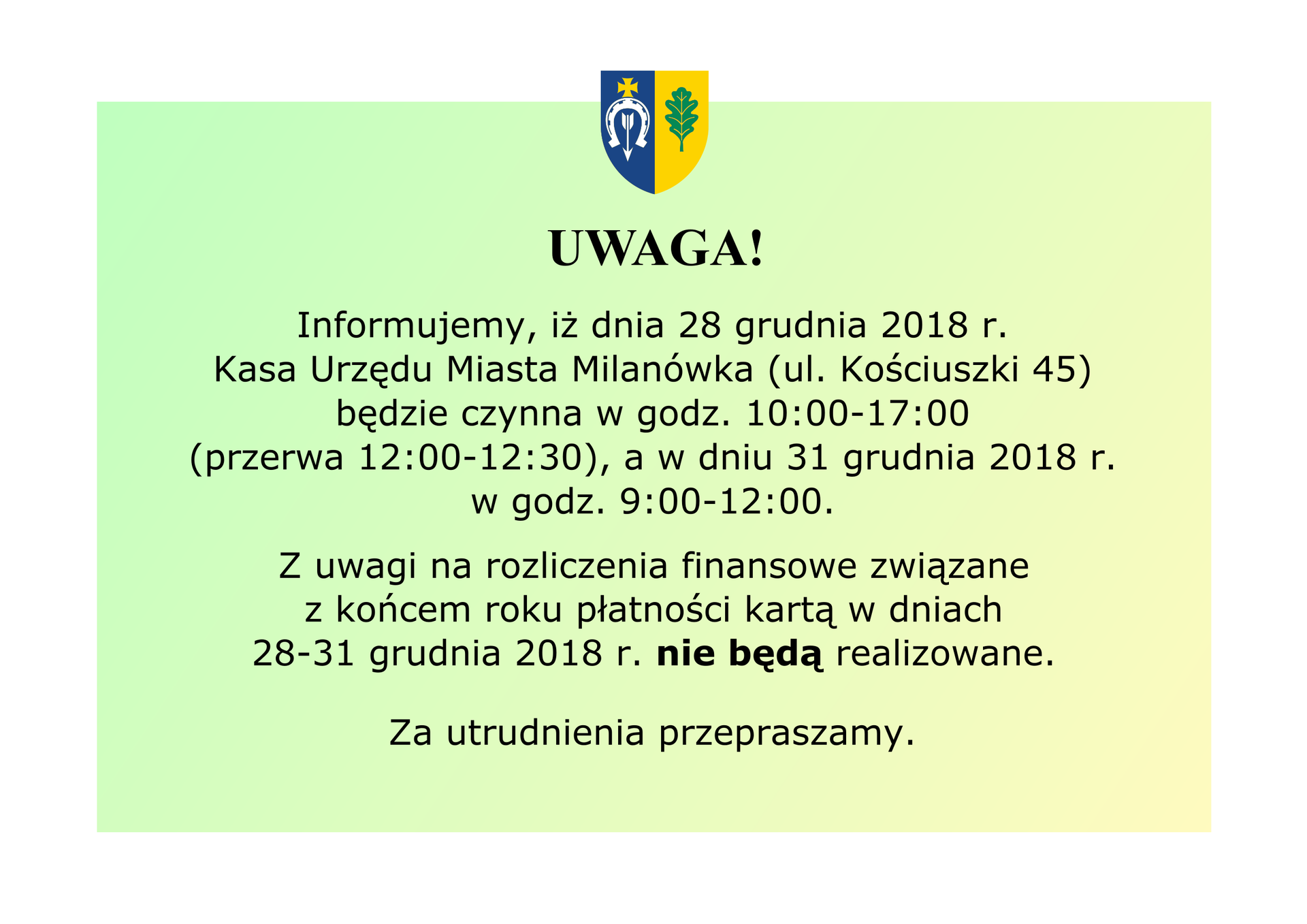 Godziny pracy Kasy - 28-31.12.2018 r.