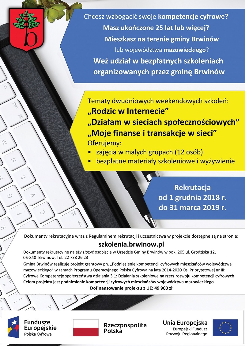Plakat informujący o bezpłanych szkoleniach organizowanych przez miasto Brwinów