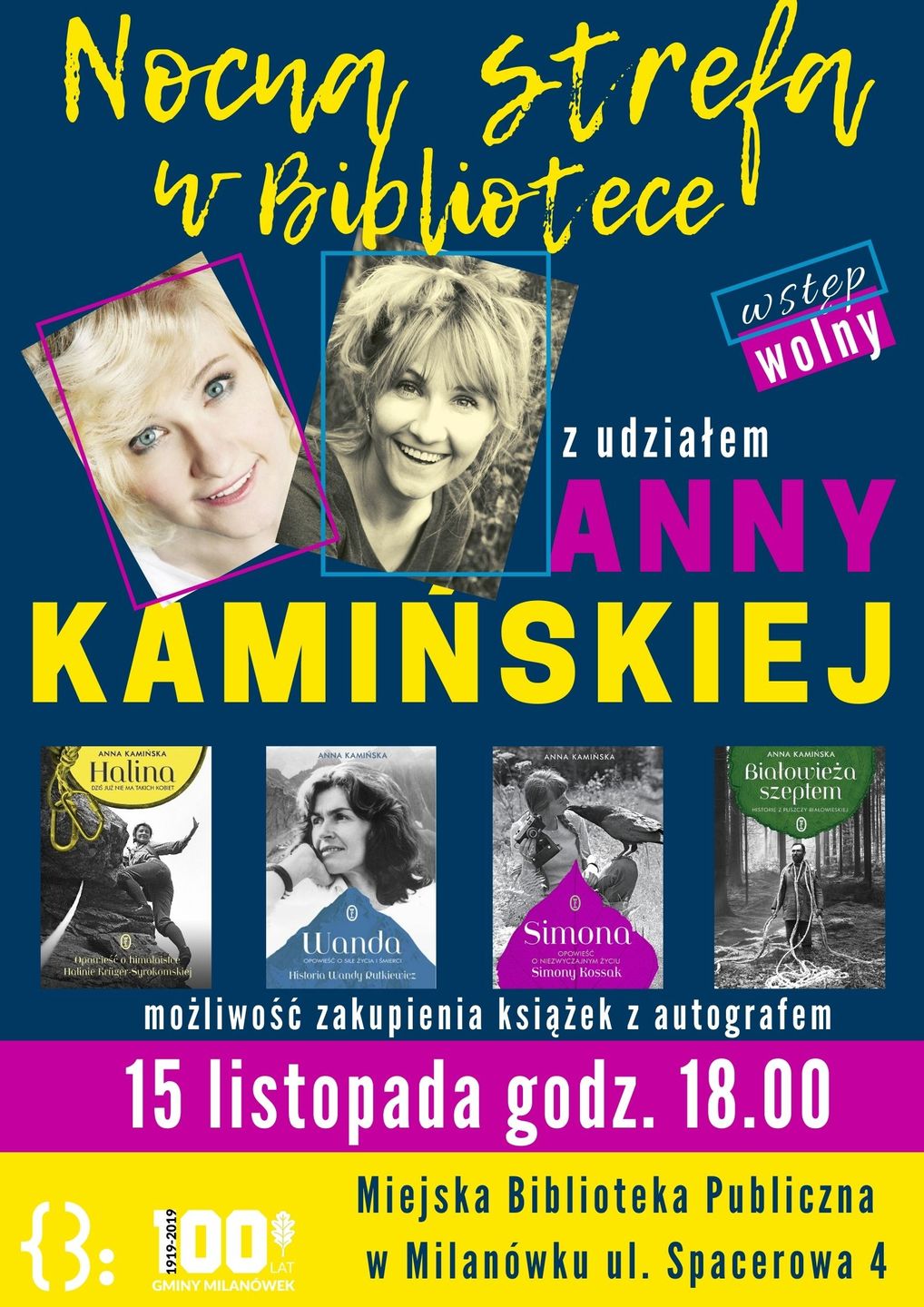 Plakat promujący spotkanie autorskie z Anną Kamińską