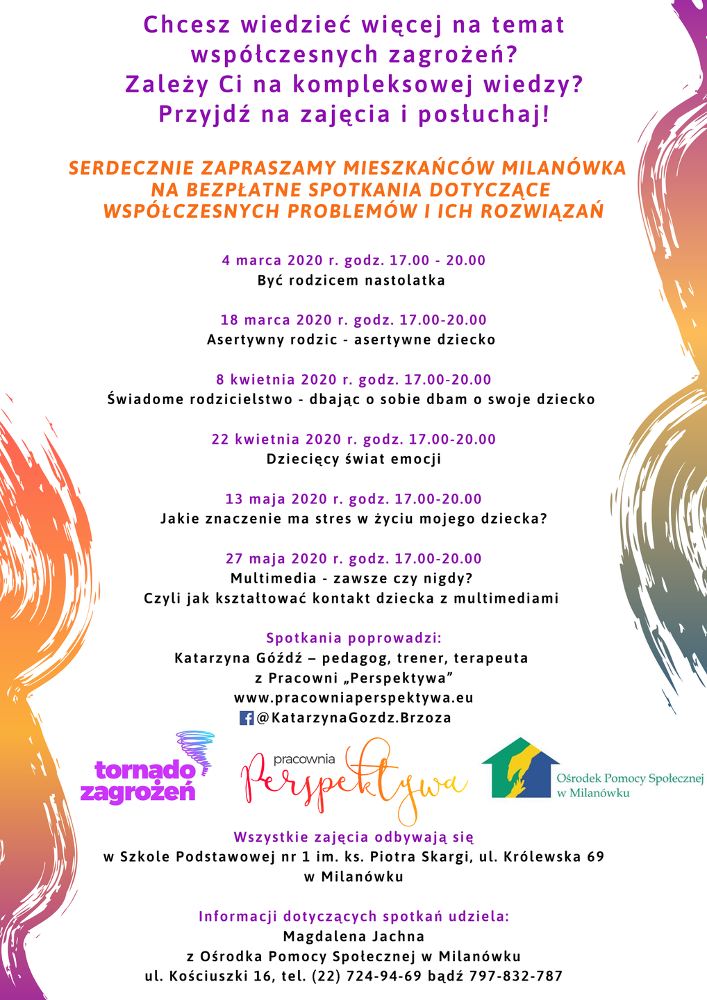 Plakat promujący otwarte spotkania profilaktyczne w Milanówku