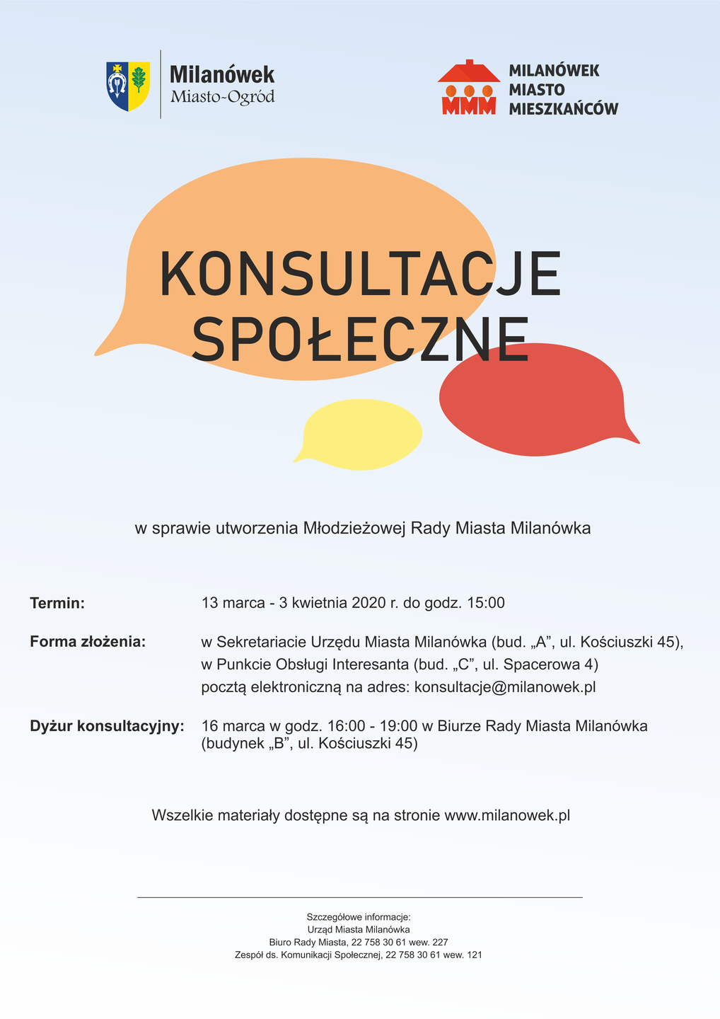Plakat zawierający informacje o konsultacjach w sprawie utworzenia Młodzieżowej Rady Miasta Milanówka