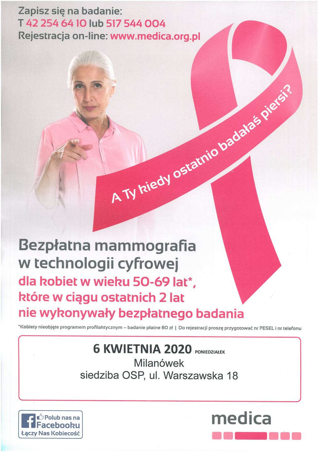 Plakat promujący bezpłatną mammografię w technologii cyfrowej