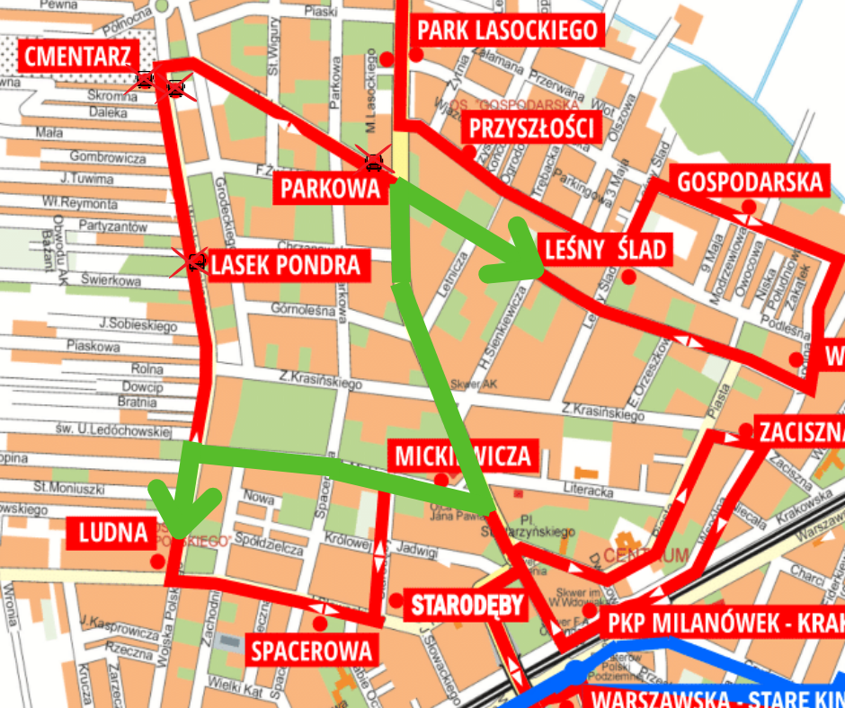 Mapa objazdu autobusu - 13 sierpnia 2022 r.