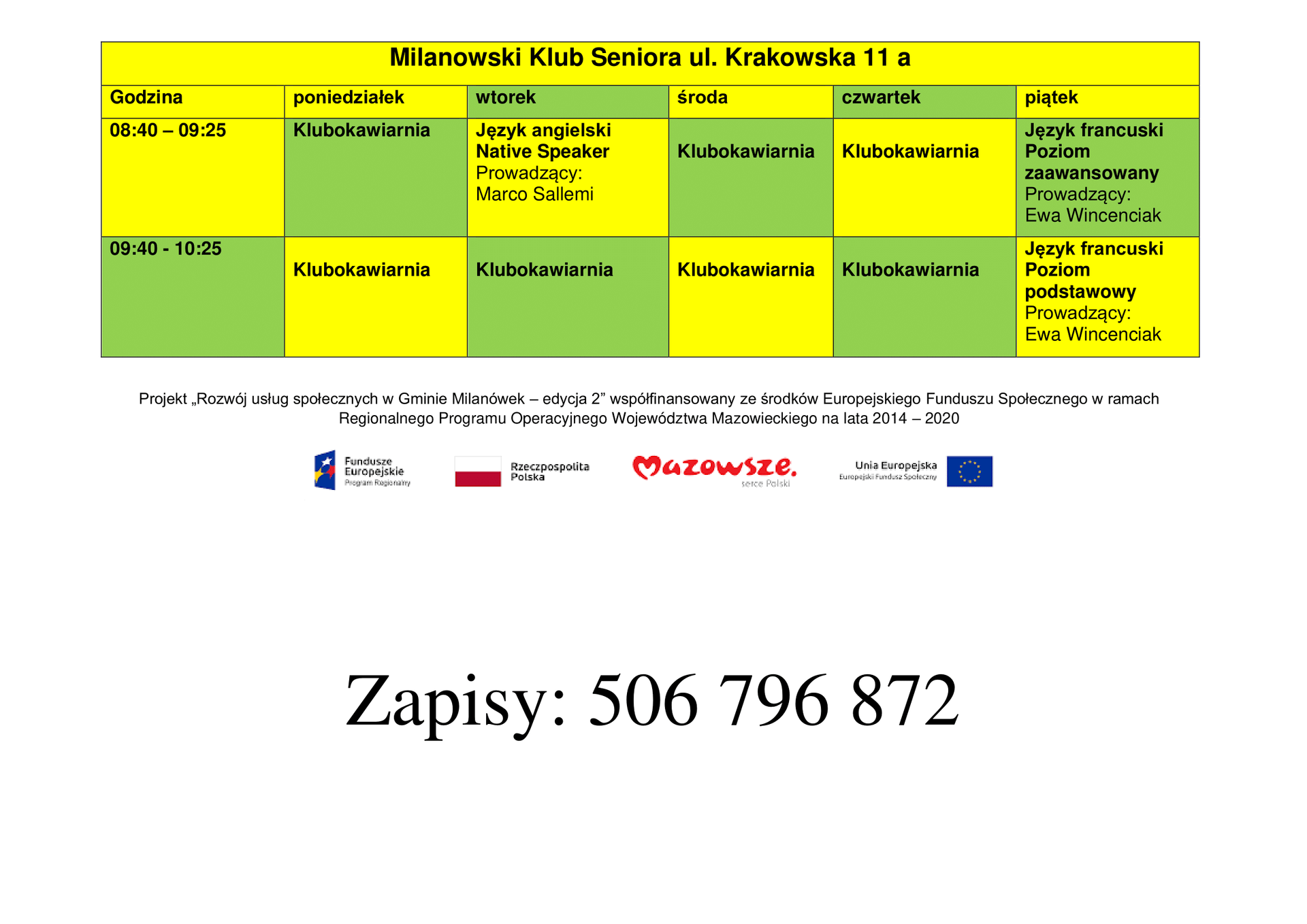 Grafik zajęć w Milanowskim Klubie Seniora - Krakowska 11a