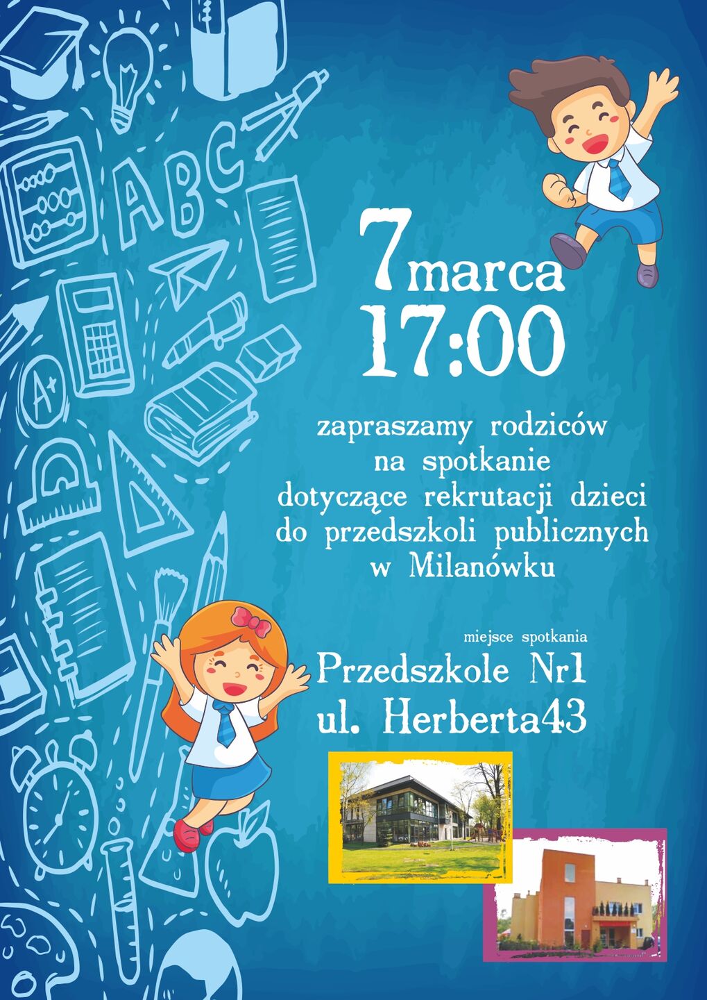 Plakat informujący o spotkaniu rekrutacyjnym w przedszkolu. dwójka dzieci na niebieskim tle i zdjęcie przedstawiające przedszkole
