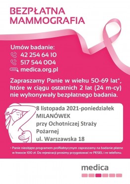 Bezpłatna mammografia w technologii cyfrowej - 8 listopada 2021 r. - grafika