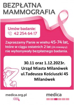 AKTUALIZACJA Bezpłatna mammografia - odwołane badania w dniu 1.12.2023 r. - grafika